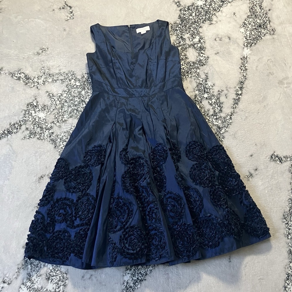 Jessica Simpson Dress Womens Size 10 Navy Taffeta Rosette Floral Cocktail A Line
